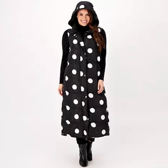 Studio Park Polka Dot Hooded Long Puffer Vest Black SZ M - Picture 1 of 16